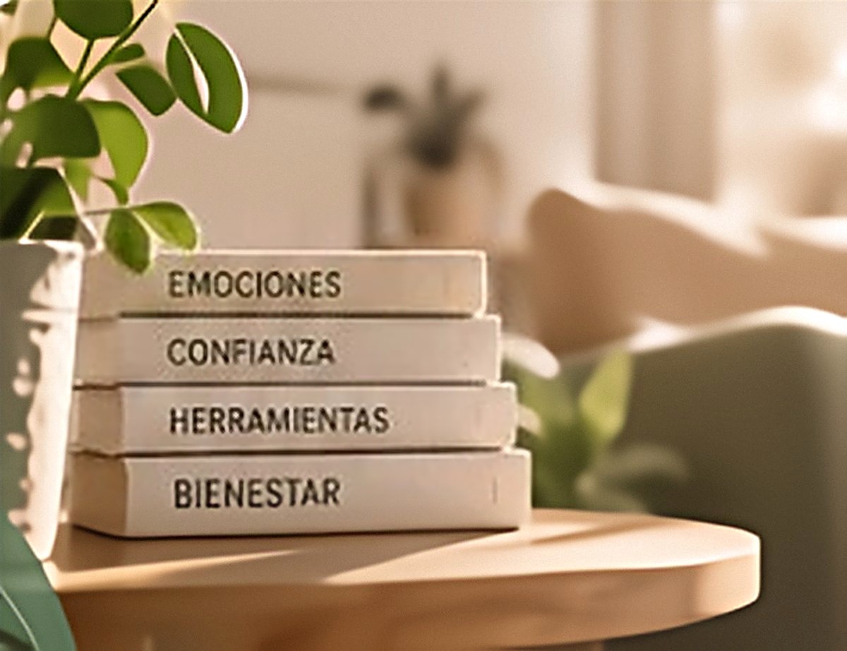 Sala de estar luminosa con libros que dicen emociones, confianza, herramientas y bienestar