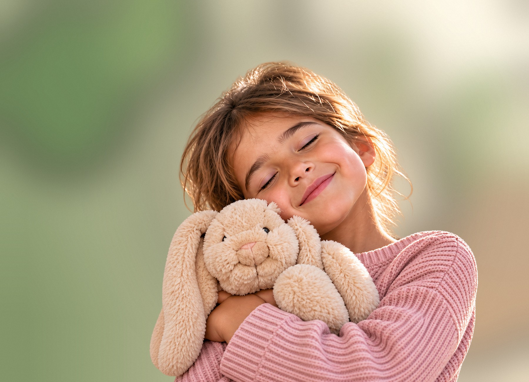 Niña sonriendo con los ojos cerrados mientras abraza un conejo de peluche